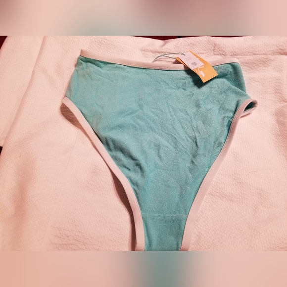 TURQUOISE AND WHITE HIGH WAISTED MEDIUM COVERAGE BIKINI BOTTOM SWIM cute - Picture 3 of 7